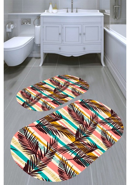 Çizgili Palmiye Kaymaz Taban Yıkanabilir 2'li Desenli Banyo Paspası (50X60 cm - 60X100 Cm)