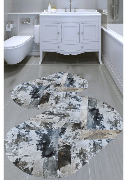 Boyalı Eskitme Desenli Kaymaz Taban Yıkanabilir 2'li Desenli Banyo Paspası (50X60 cm - 60X100 Cm)