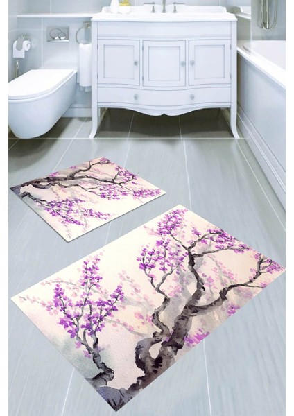 Mor Çiçekli Ağaç Desenli Kaymaz Taban Yıkanabilir 2'li Desenli Banyo Paspası (50X60 cm - 60X100 Cm)