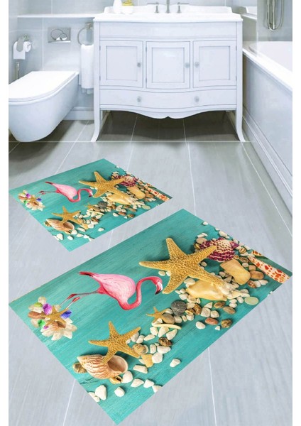 Deniz Kabukları ve Flamingo Desenli Kaymaz Taban Yıkanabilir 2'li Desenli Banyo Paspası (50X60 cm - 60X100 Cm)