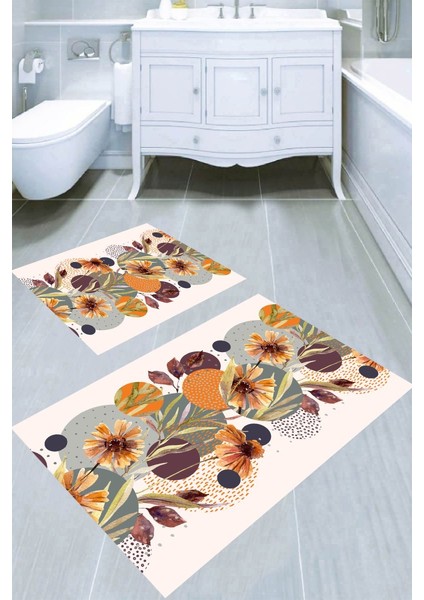 Çember Çiçek Desenli Kaymaz Taban Yıkanabilir 2'li Desenli Banyo Paspası (50X60 cm - 60X100 Cm)