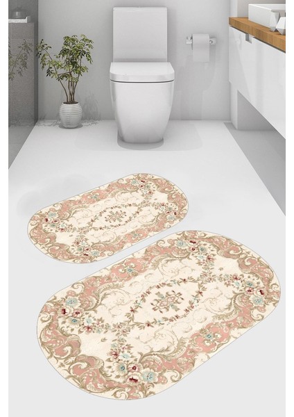 Asimetrik Çiçekli Kaymaz Taban Yıkanabilir 2'li Desenli Banyo Paspası (50X60 cm - 60X100 Cm)
