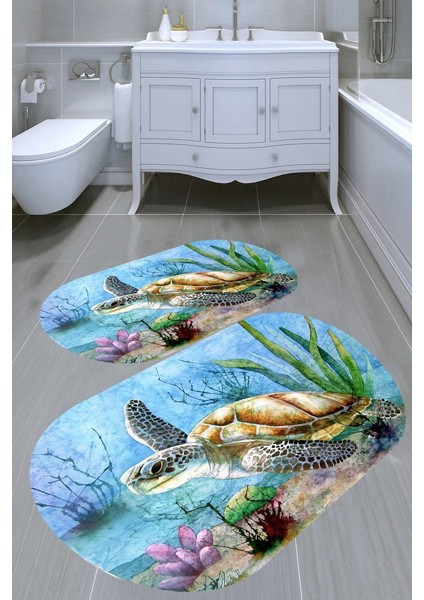 Kaplumbağa Desenli Kaymaz Taban Yıkanabilir 2'li Desenli Banyo Paspası (50X60 cm - 60X100 Cm)