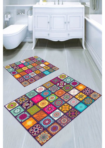 Simetrik Kare Desenli Kaymaz Taban Yıkanabilir 2'li Desenli Banyo Paspası (50X60 cm - 60X100 Cm)