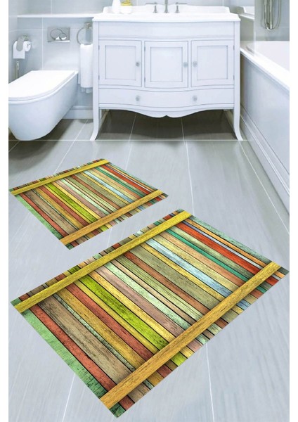 Retro Ahşap Desenli Kaymaz Taban Yıkanabilir 2'li Desenli Banyo Paspası (50X60 cm - 60X100 Cm)