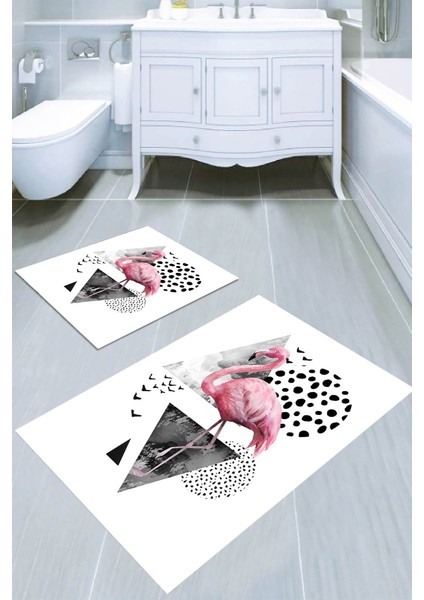 Geometrik Flamingo Desenli Kaymaz Taban Yıkanabilir 2'li Desenli Banyo Paspası (50X60 cm - 60X100 Cm)