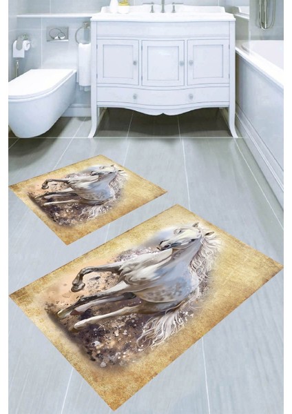 Tablotik Beyaz At Desenli Kaymaz Taban Yıkanabilir 2'li Desenli Banyo Paspası (50X60 cm - 60X100 Cm)