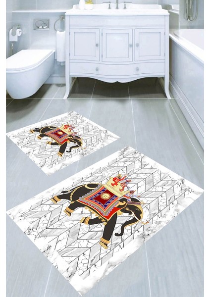 Çatlak Zemin Fil Desenli Kaymaz Taban Yıkanabilir 2'li Desenli Banyo Paspası (50X60 cm - 60X100 Cm)