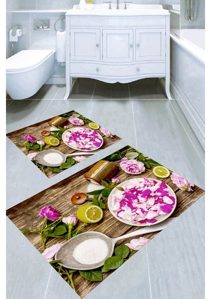 Çiçek Bakımı Desenli Kaymaz Taban Yıkanabilir 2'li Desenli Banyo Paspası (50X60 cm - 60X100 Cm)
