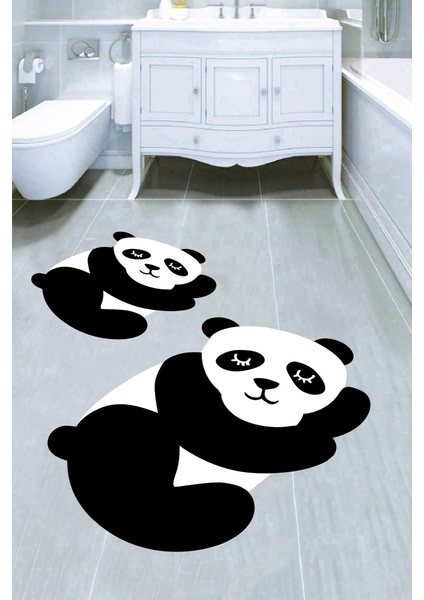 Uykucu Panda Desenli Kaymaz Taban Yıkanabilir 2'li Desenli Banyo Paspası (50X60 cm - 60X100 Cm)