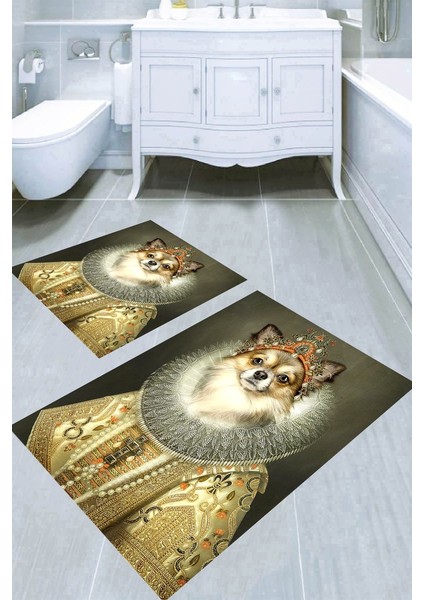 Soylu Köpek Desenli Kaymaz Taban Yıkanabilir 2'li Desenli Banyo Paspası (50X60 cm - 60X100 Cm)