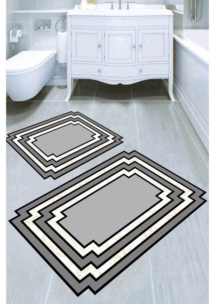Mermer Detay Gri Çerçeve Desenli Kaymaz Taban Yıkanabilir 2'li Desenli Banyo Paspası (50X60 cm - 60X100 Cm)