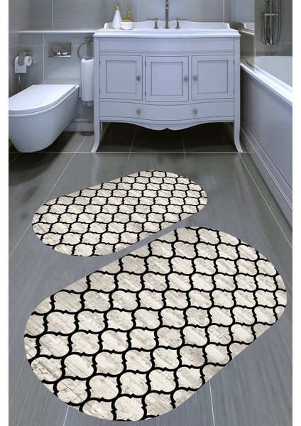 Oval Geometrik Desenli Kaymaz Taban Yıkanabilir 2'li Desenli Banyo Paspası (50X60 cm - 60X100 Cm)