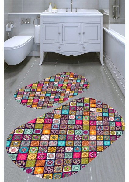 Simetrik Baklava Desenli Kaymaz Taban Yıkanabilir 2'li Desenli Banyo Paspası (50X60 cm - 60X100 Cm)