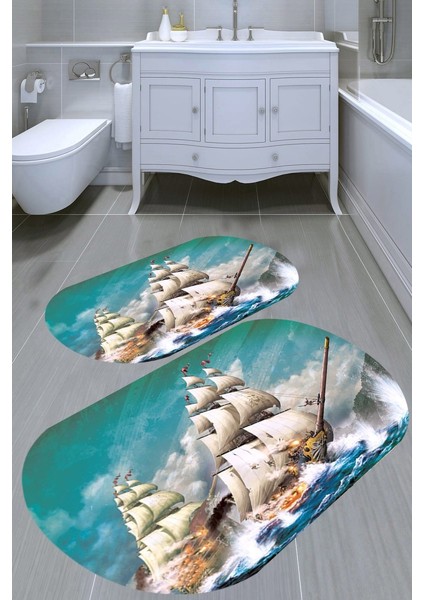 Fırtına Tasarımlı Kaymaz Taban Yıkanabilir 2'li Desenli Banyo Paspası (50X60 cm - 60X100 Cm)