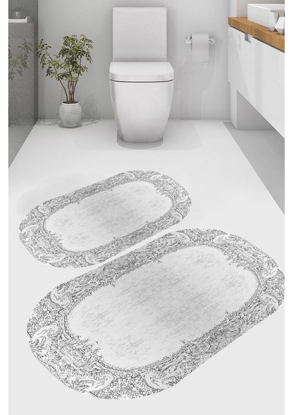 Pırlanta Çerçeve Desenli Kaymaz Taban Yıkanabilir 2'li Desenli Banyo Paspası (50X60 cm - 60X100 Cm)