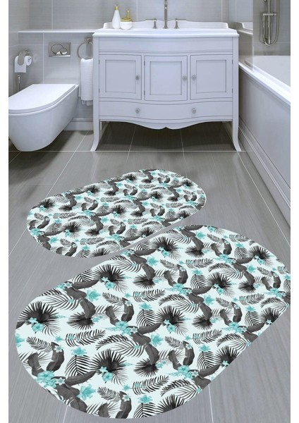 Retro Palmiye Desenli Kaymaz Taban Yıkanabilir 2'li Desenli Banyo Paspası (50X60 cm - 60X100 Cm)