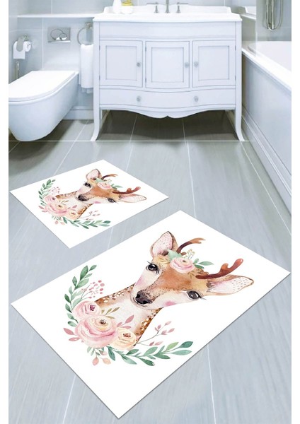 Geyik ve Çiçek Desenli Kaymaz Taban Yıkanabilir 2'li Desenli Banyo Paspası (50X60 cm - 60X100 Cm)