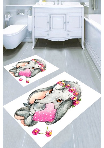Sevgi Dolu Fil Desenli Kaymaz Taban Yıkanabilir 2'li Desenli Banyo Paspası (50X60 cm - 60X100 Cm)