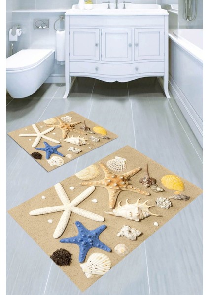 Kum ve Deniz Yıldızları Desenli Kaymaz Taban Yıkanabilir 2'li Desenli Banyo Paspası (50X60 cm - 60X100 Cm)