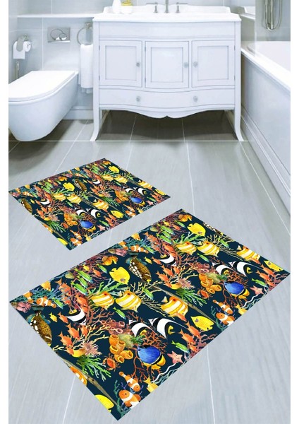 Renkli Su Dünyası Desenli Kaymaz Taban Yıkanabilir 2'li Desenli Banyo Paspası (50X60 cm - 60X100 Cm)