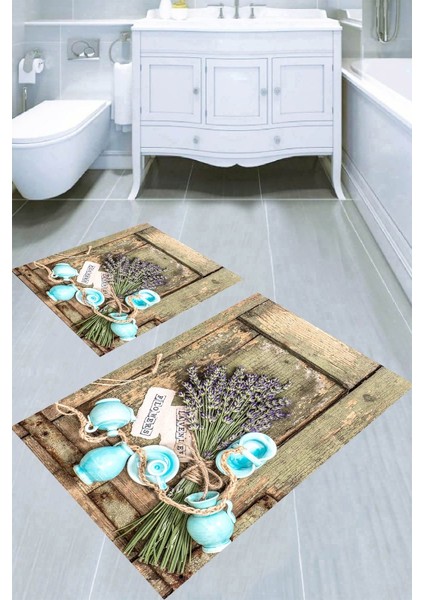 Tahta ve Lavanta Desenli Kaymaz Taban Yıkanabilir 2'li Desenli Banyo Paspası (50X60 cm - 60X100 Cm)