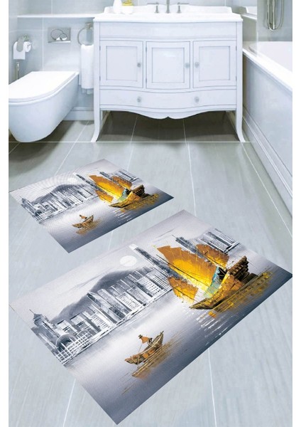Şehir Manzaralı Antik Gemi Desenli Kaymaz Taban Yıkanabilir 2'li Desenli Banyo Paspası (50X60 cm - 60X100 Cm)
