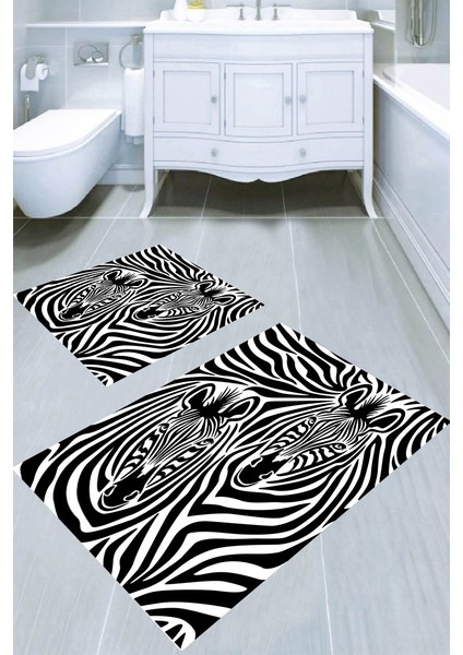 Üç Boyutlu Zebra Çizim Kaymaz Taban Yıkanabilir 2'li Desenli Banyo Paspası (50X60 cm - 60X100 Cm)