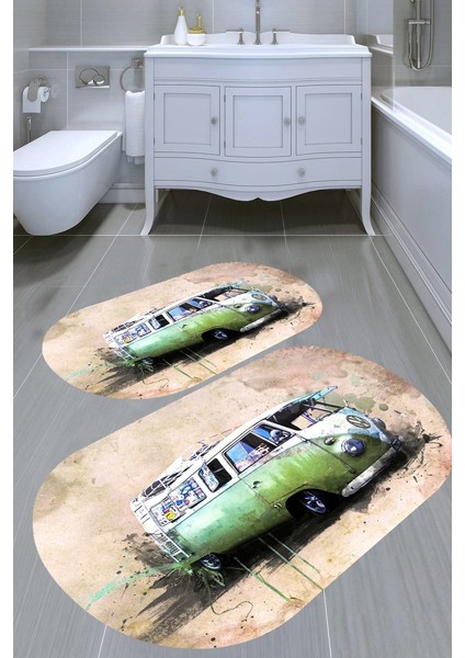 Otobüs Desenli Kaymaz Taban Yıkanabilir 2'li Desenli Banyo Paspası (50X60 cm - 60X100 Cm)