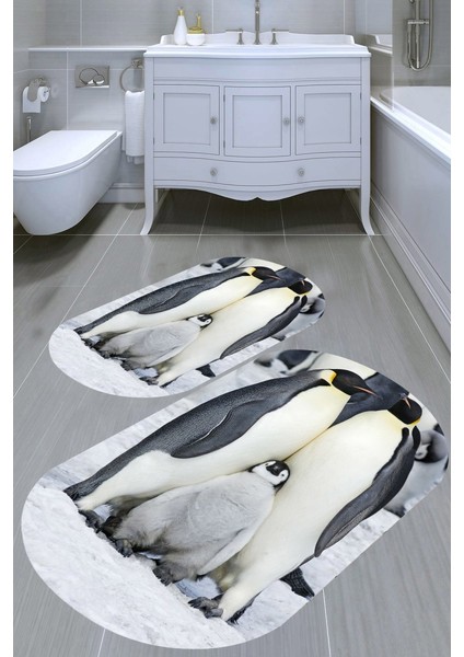 Penguen Ailesi Desenli Kaymaz Taban Yıkanabilir 2'li Desenli Banyo Paspası (50X60 cm - 60X100 Cm)