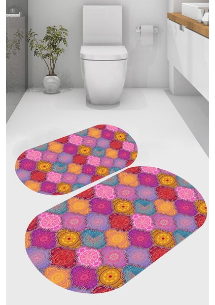Otantik Renkli Desenli Kaymaz Taban Yıkanabilir 2'li Desenli Banyo Paspası (50X60 cm - 60X100 Cm)
