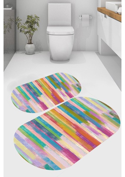 Gök Kuşağı Desenli Kaymaz Taban Yıkanabilir 2'li Desenli Banyo Paspası (50X60 cm - 60X100 Cm)