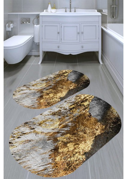 Altın Işleme Desenli Kaymaz Taban Yıkanabilir 2'li Desenli Banyo Paspası (50X60 cm - 60X100 Cm)