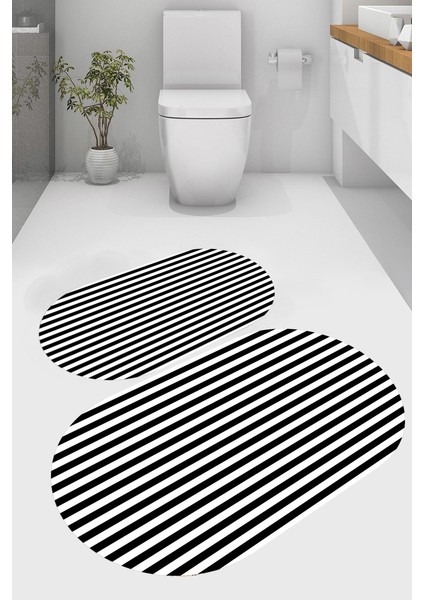 Düz Çizgili Kaymaz Taban Yıkanabilir 2'li Desenli Banyo Paspası (50X60 cm - 60X100 Cm)