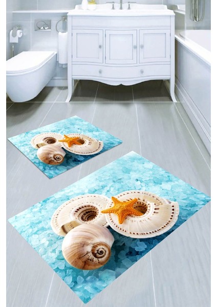 Mavi Taşlar ve Kabuk Desenli Kaymaz Taban Yıkanabilir 2'li Desenli Banyo Paspası (50X60 cm - 60X100 Cm)