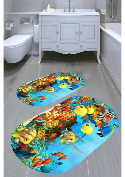 Akvaryum Desenli Kaymaz Taban Yıkanabilir 2'li Desenli Banyo Paspası (50X60 cm - 60X100 Cm)