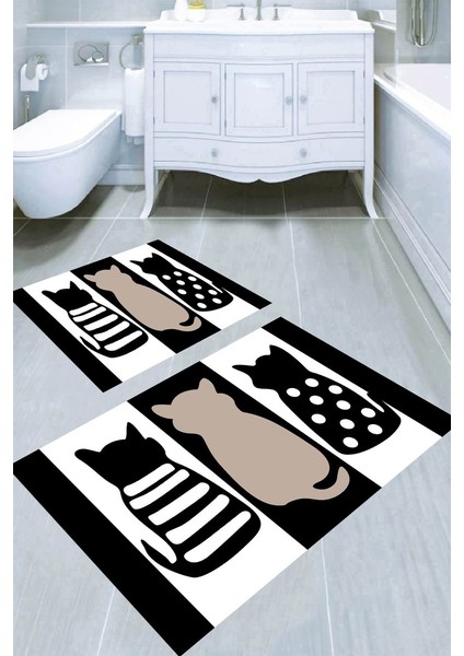 Siyah Beyaz Kediler Kaymaz Taban Yıkanabilir 2'li Desenli Banyo Paspası (50X60 cm - 60X100 Cm)