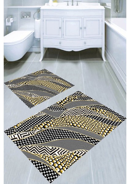 Dalgalı Geometrik Şekilli Kaymaz Taban Yıkanabilir 2'li Desenli Banyo Paspası (50X60 cm - 60X100 Cm)
