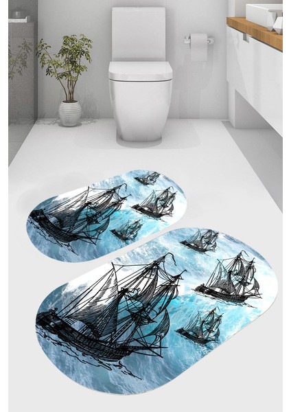 Korsan Gemisi Desenli Kaymaz Taban Yıkanabilir 2'li Desenli Banyo Paspası (50X60 cm - 60X100 Cm)