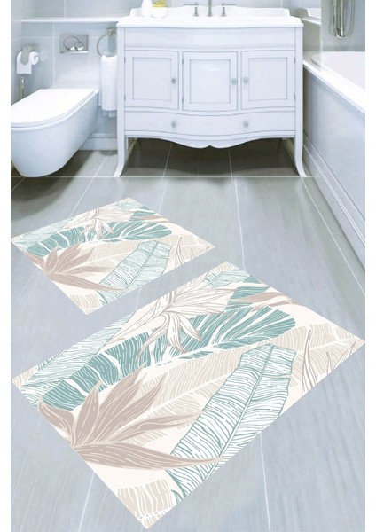Soft Renkli Palmiye Yaprakları Çizimli Kaymaz Taban Yıkanabilir 2'li Desenli Banyo Paspası (50X60 cm - 60X100 Cm)