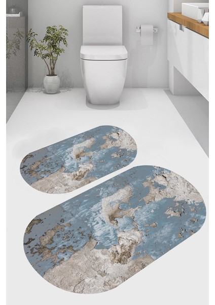 Sanatsal Desenli Kaymaz Taban Yıkanabilir 2'li Desenli Banyo Paspası (50X60 cm - 60X100 Cm)