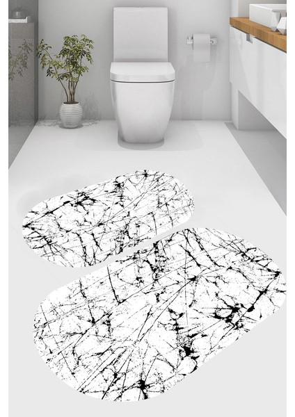 Boyalı Fırça Desenli Kaymaz Taban Yıkanabilir 2'li Desenli Banyo Paspası (50X60 cm - 60X100 Cm)