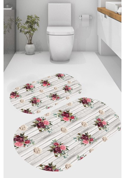 Çiçek Bahçesi Desenli Kaymaz Taban Yıkanabilir 2'li Desenli Banyo Paspası (50X60 cm - 60X100 Cm)