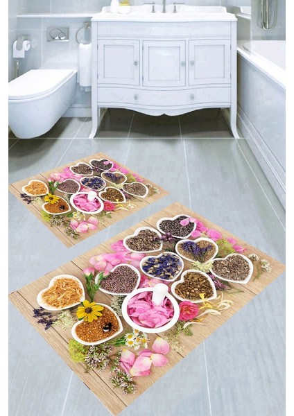 Kuru Bitki Tohumları Desenli Kaymaz Taban Yıkanabilir 2'li Desenli Banyo Paspası (50X60 cm - 60X100 Cm)
