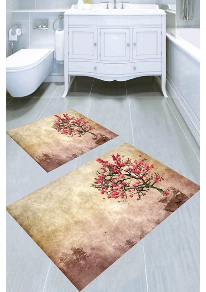 Kiraz Çiçeği Ağacı Desenli Kaymaz Taban Yıkanabilir 2'li Desenli Banyo Paspası (50X60 cm - 60X100 Cm)