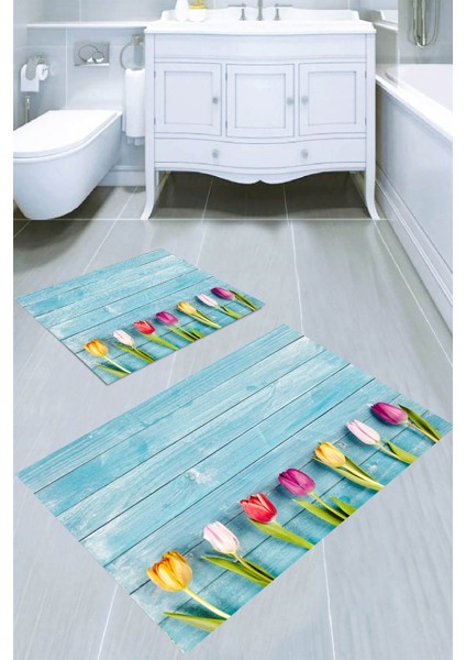 Sıralı Laleler Desenli Kaymaz Taban Yıkanabilir 2'li Desenli Banyo Paspası (50X60 cm - 60X100 Cm)