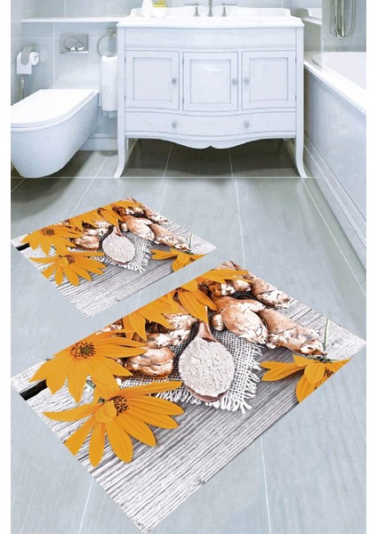 Doğal Görünüm Turuncu Çiçekler Desenli Kaymaz Taban Yıkanabilir 2'li Desenli Banyo Paspası (50X60 cm - 60X100 Cm)