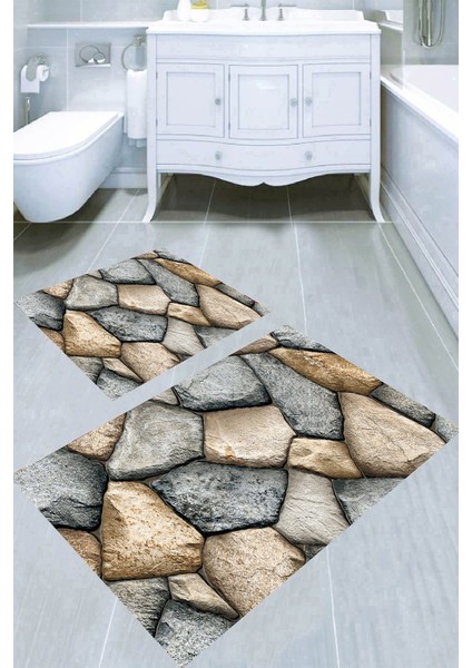 Taş Duvar Tasarımlı Kaymaz Taban Yıkanabilir 2'li Desenli Banyo Paspası (50X60 cm - 60X100 Cm)