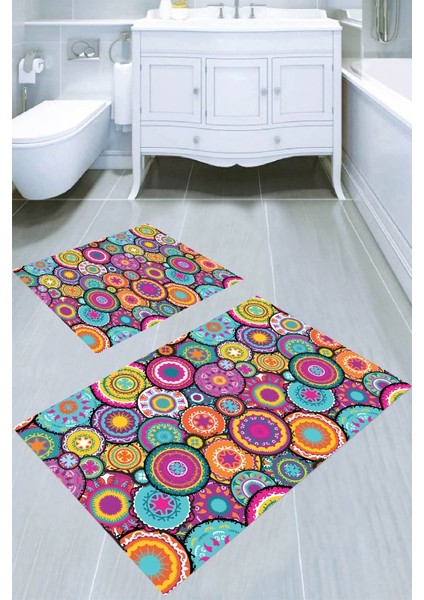 Retro Geometrik Desenli Kaymaz Taban Yıkanabilir 2'li Desenli Banyo Paspası (50X60 cm - 60X100 Cm)