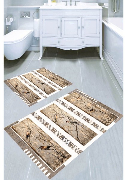 Daldaki Kuşlar Desenli Kaymaz Taban Yıkanabilir 2'li Desenli Banyo Paspası (50X60 cm - 60X100 Cm)
